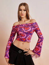 Heart Print Off Shoulder Bell Sleeve Lettuce Trim Crop Tee